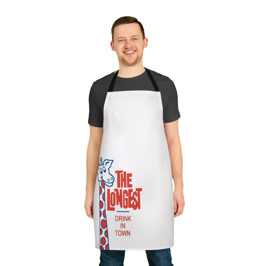 A retro-styled apron featuring an illustration of the iconic "Longest Drink in Town" milkshake from New Zealand.