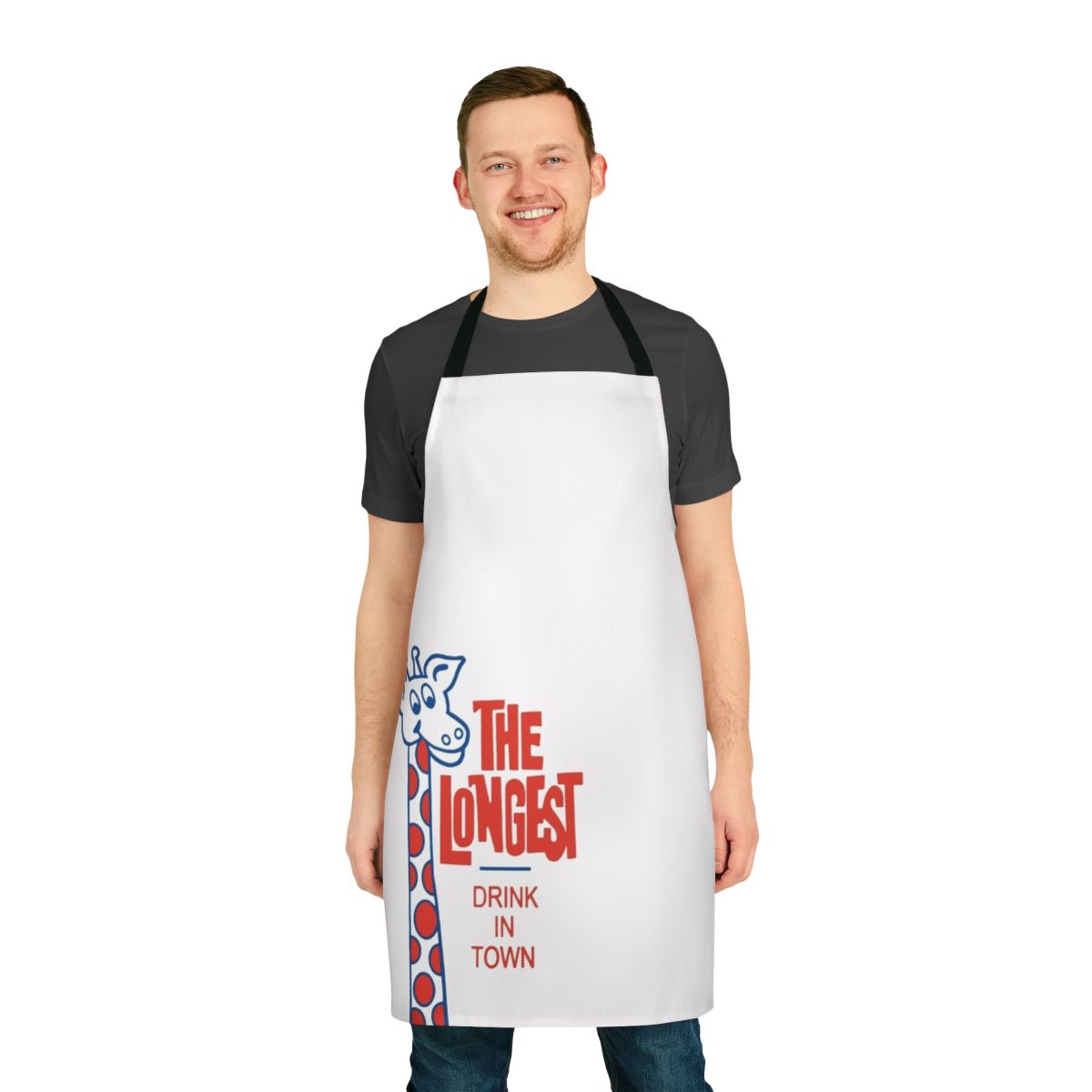 A retro-styled apron featuring an illustration of the iconic "Longest Drink in Town" milkshake from New Zealand.