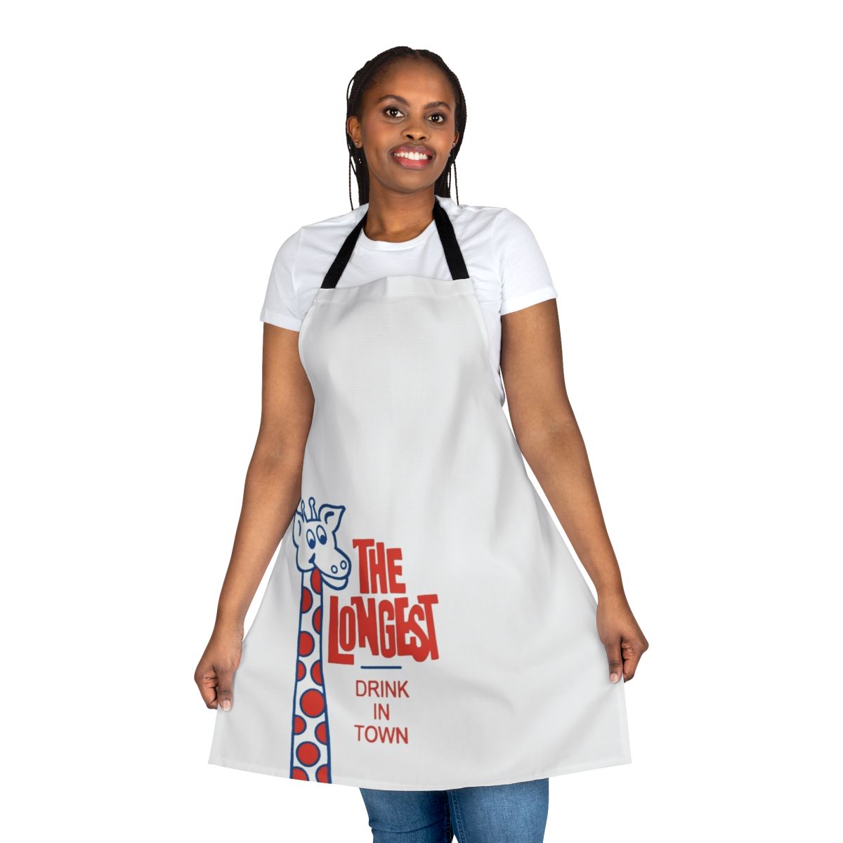 A retro-styled apron featuring an illustration of the iconic "Longest Drink in Town" milkshake from New Zealand.