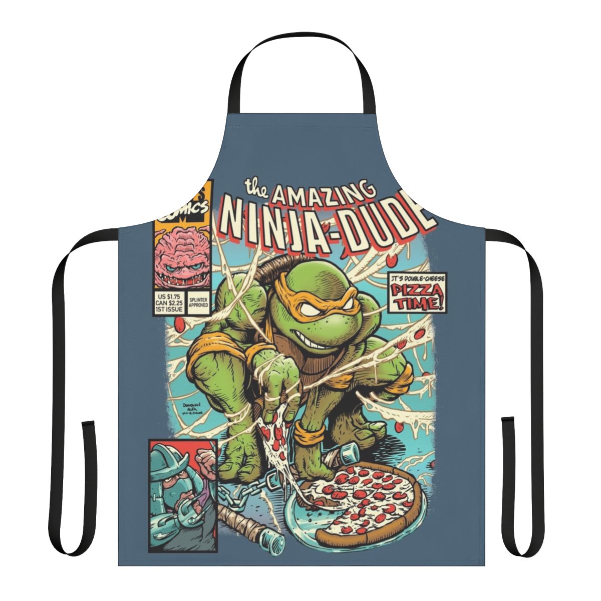 Retro ninja turtle apron with Michelangelo design and 80s style graphics