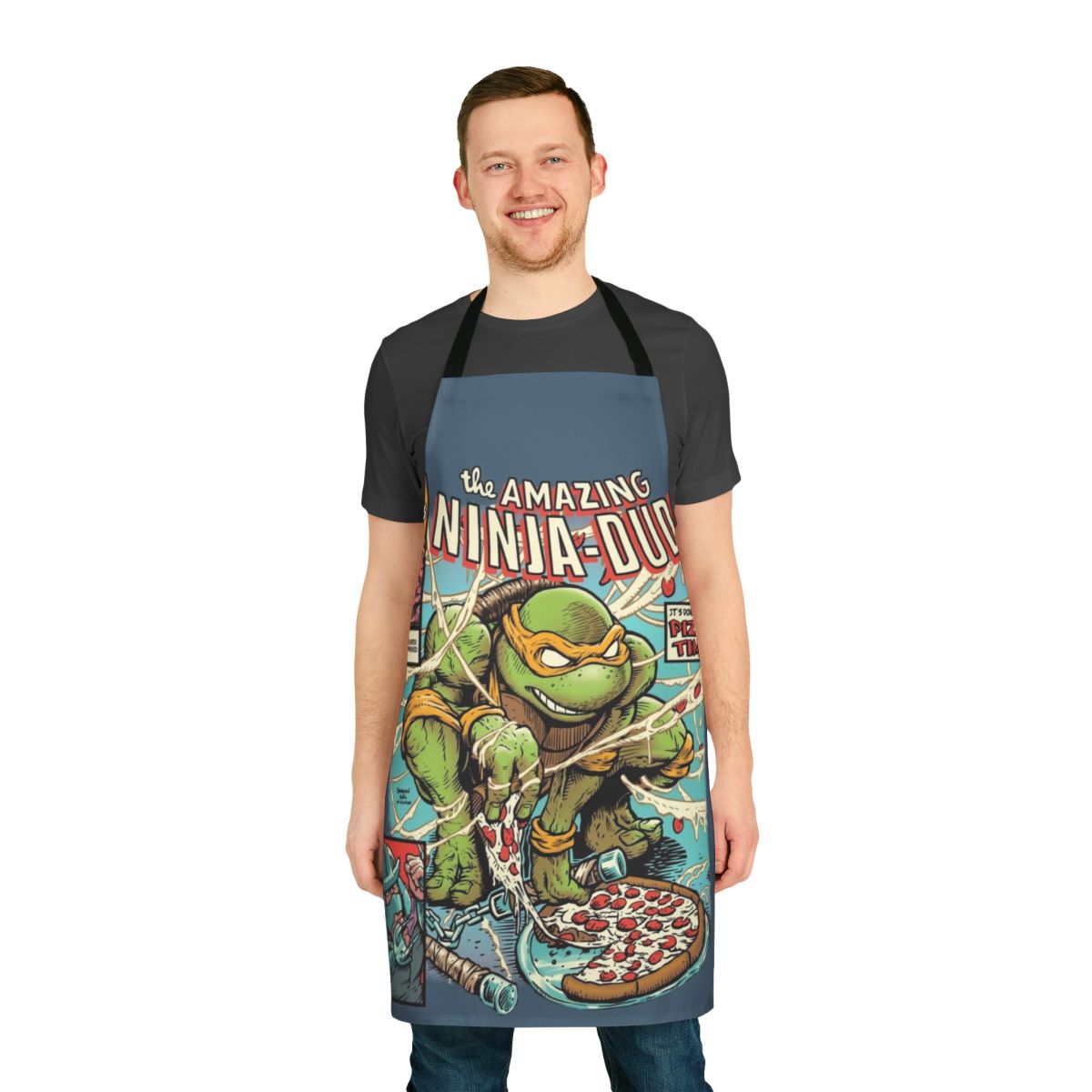 Retro ninja turtle apron with Michelangelo design and 80s style graphics