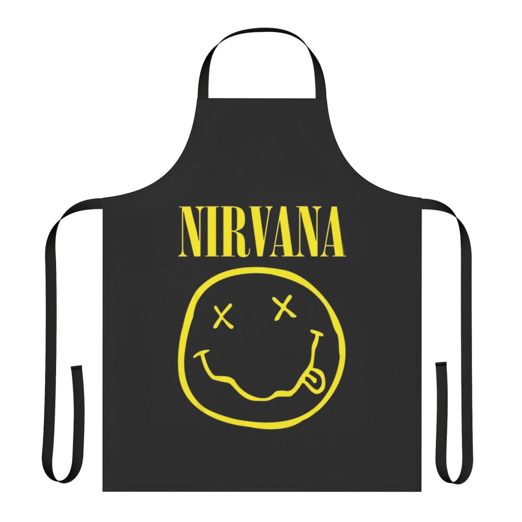 Retro Nirvana-inspired apron featuring a yellow happy face design and rock music band elements