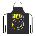 Retro Nirvana-inspired apron featuring a yellow happy face design and rock music band elements
