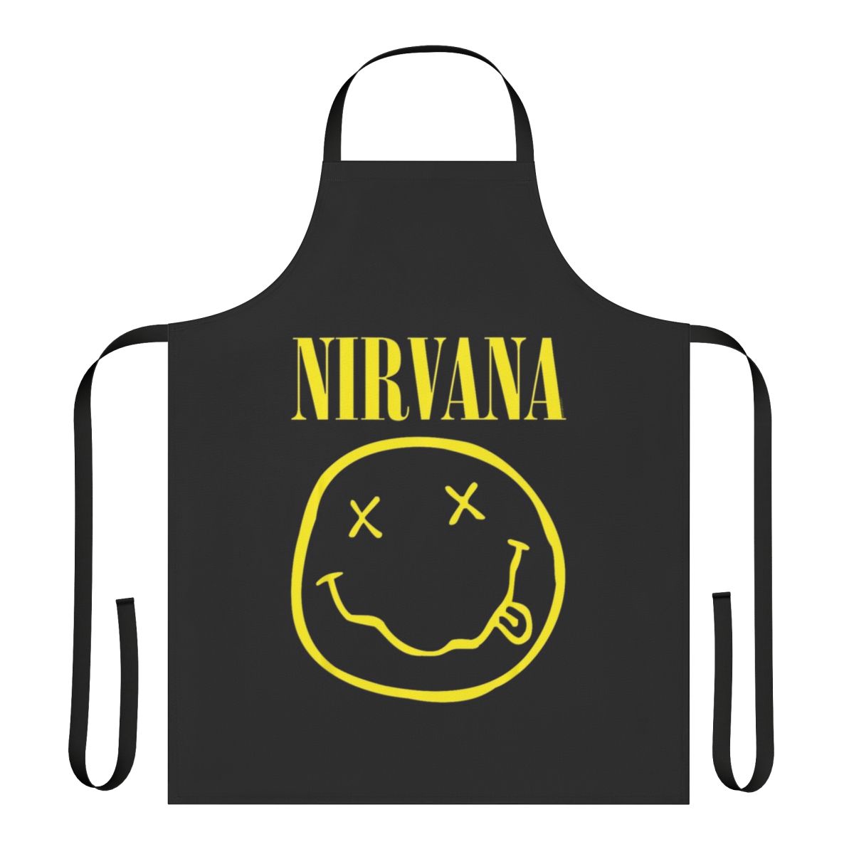 Retro Nirvana-inspired apron featuring a yellow happy face design and rock music band elements