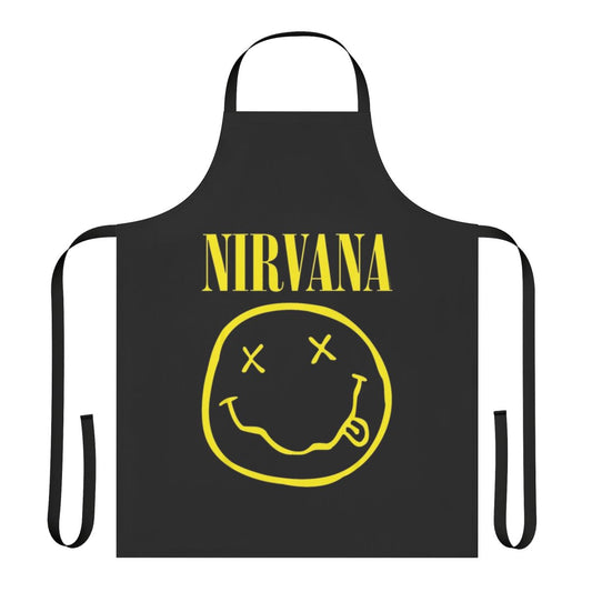 Retro Nirvana-inspired apron featuring a yellow happy face design and rock music band elements