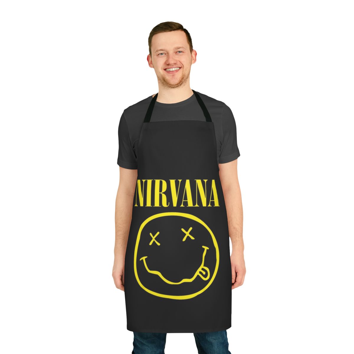 Retro Nirvana-inspired apron featuring a yellow happy face design and rock music band elements