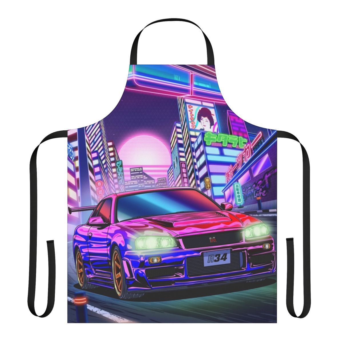 Apron featuring a vaporwave-inspired design of a Nissan Skyline GT-R R34, a legendary Japanese sports car.