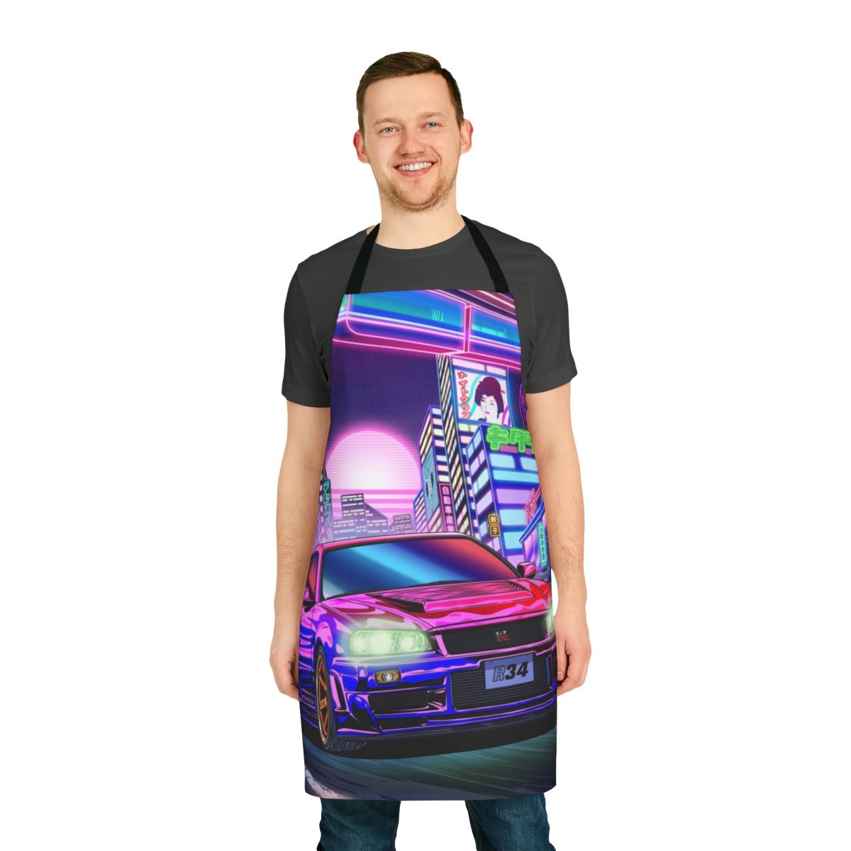Apron featuring a vaporwave-inspired design of a Nissan Skyline GT-R R34, a legendary Japanese sports car.