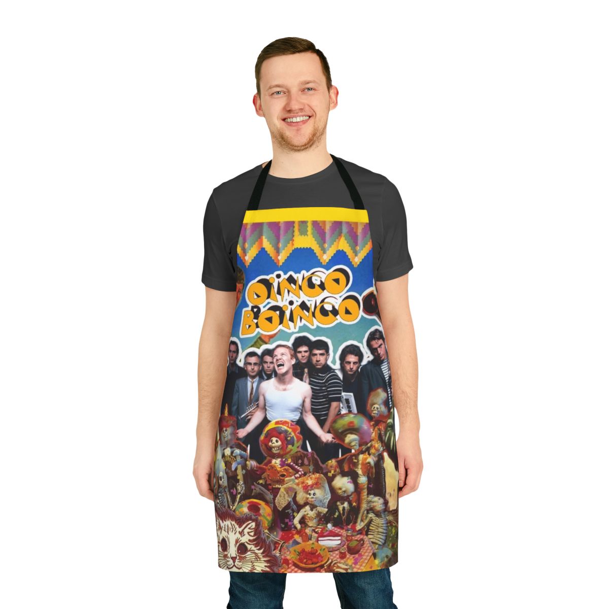 Oingo Boingo inspired apron featuring the band's vintage alternative rock style and logo