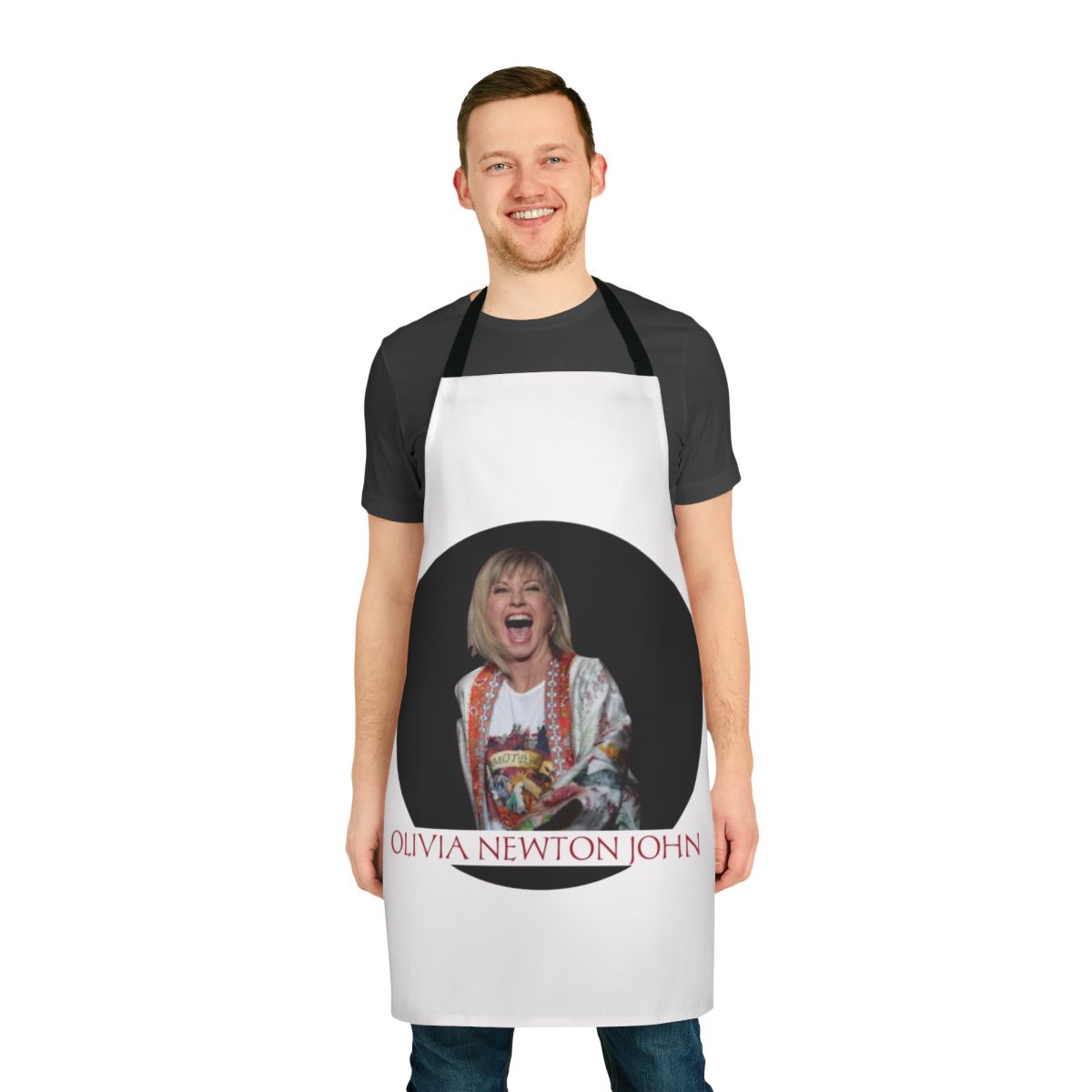 Retro Olivia Newton-John inspired apron with 70s/80s pop music theme