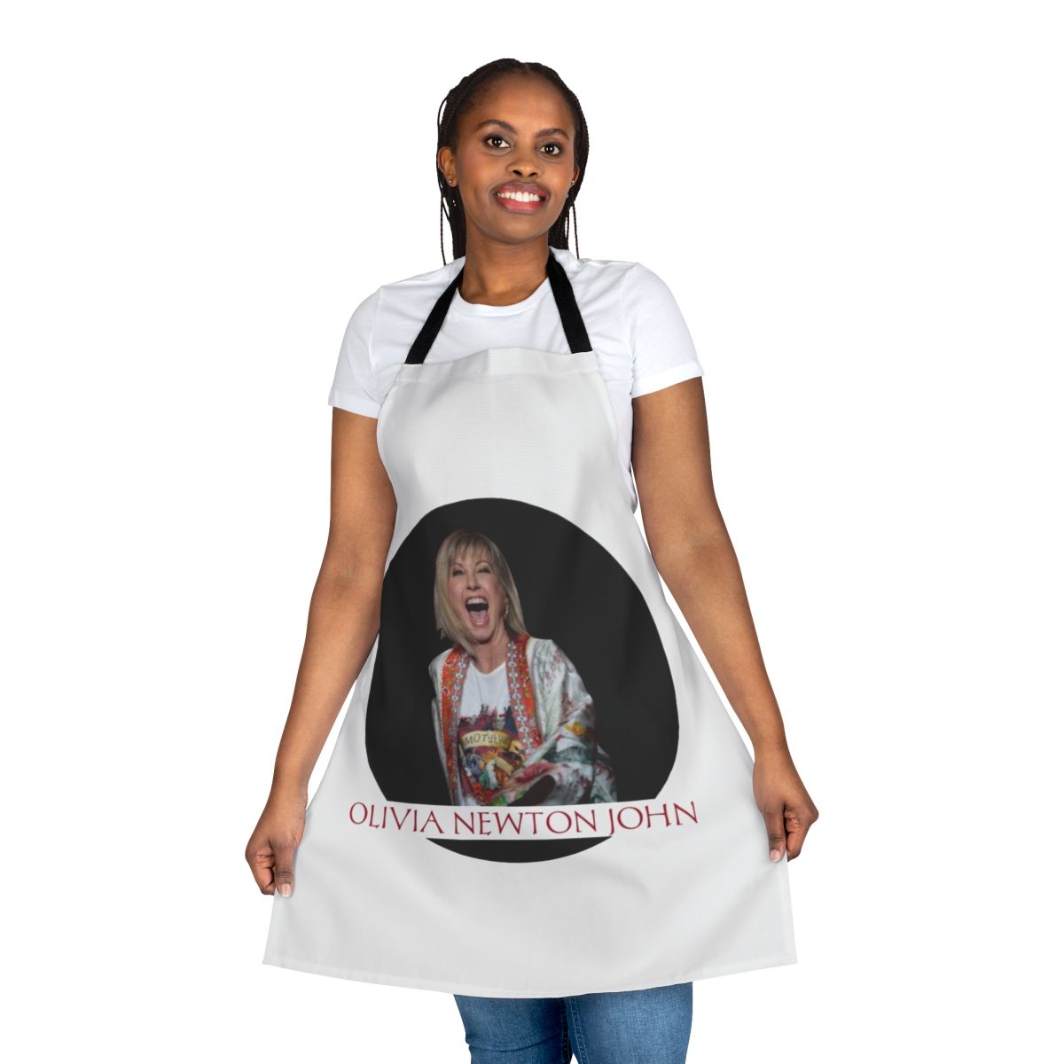 Retro Olivia Newton-John inspired apron with 70s/80s pop music theme