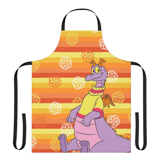 Retro orange and white striped apron with Figment the dragon print, inspired by the Journey into Imagination attraction at Epcot
