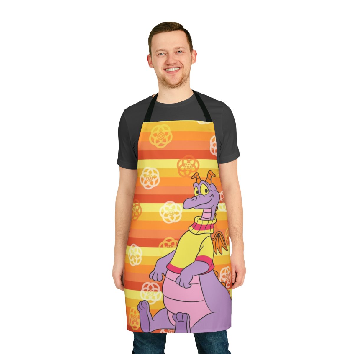 Retro orange and white striped apron with Figment the dragon print, inspired by the Journey into Imagination attraction at Epcot