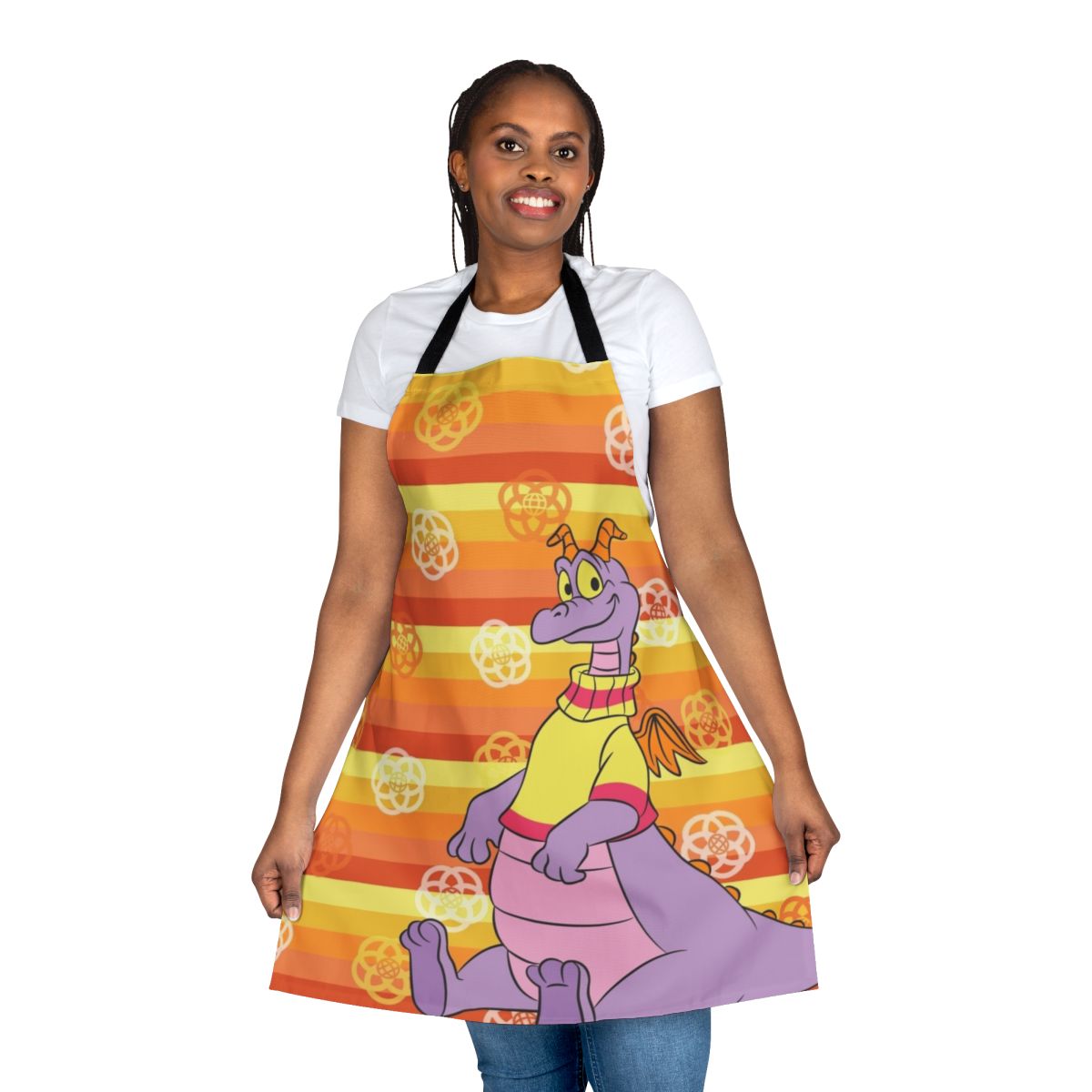 Retro orange and white striped apron with Figment the dragon print, inspired by the Journey into Imagination attraction at Epcot