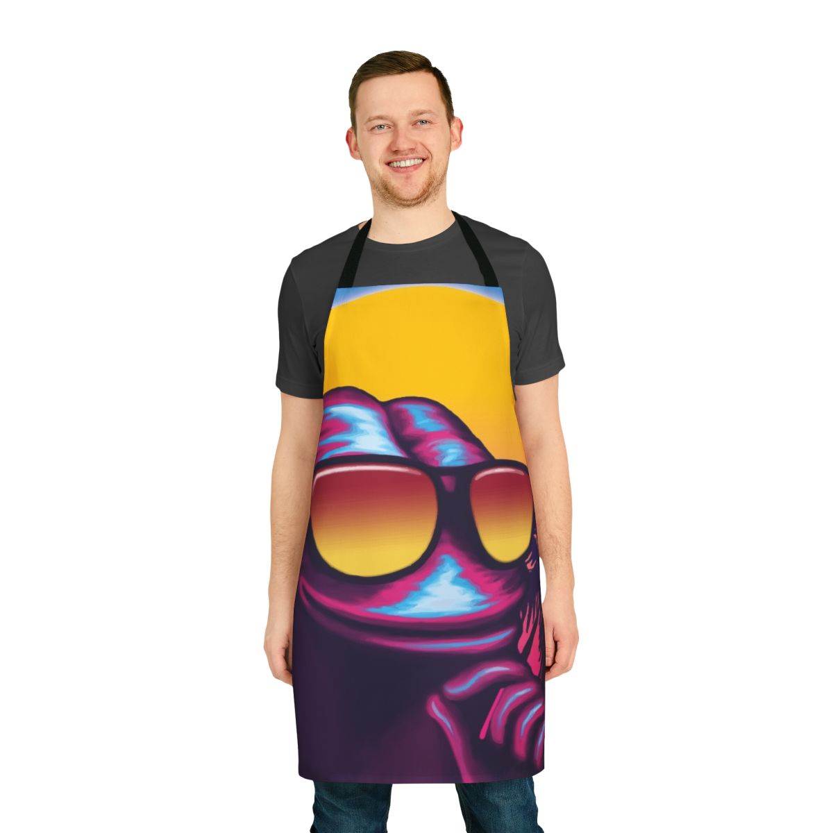 Vibrant retro-styled apron featuring the popular Pepe the Frog meme in an outrun-inspired sunset design