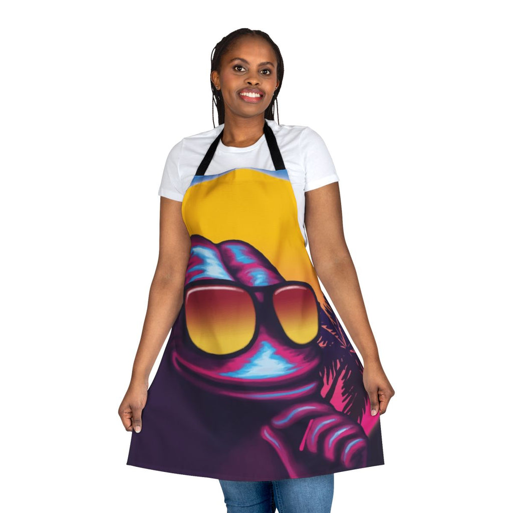 Vibrant retro-styled apron featuring the popular Pepe the Frog meme in an outrun-inspired sunset design