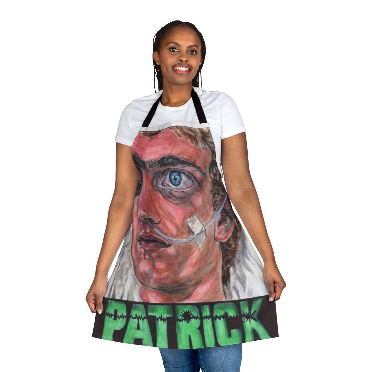 Apron featuring retro-style design inspired by classic Australian horror and thriller films from the 1970s