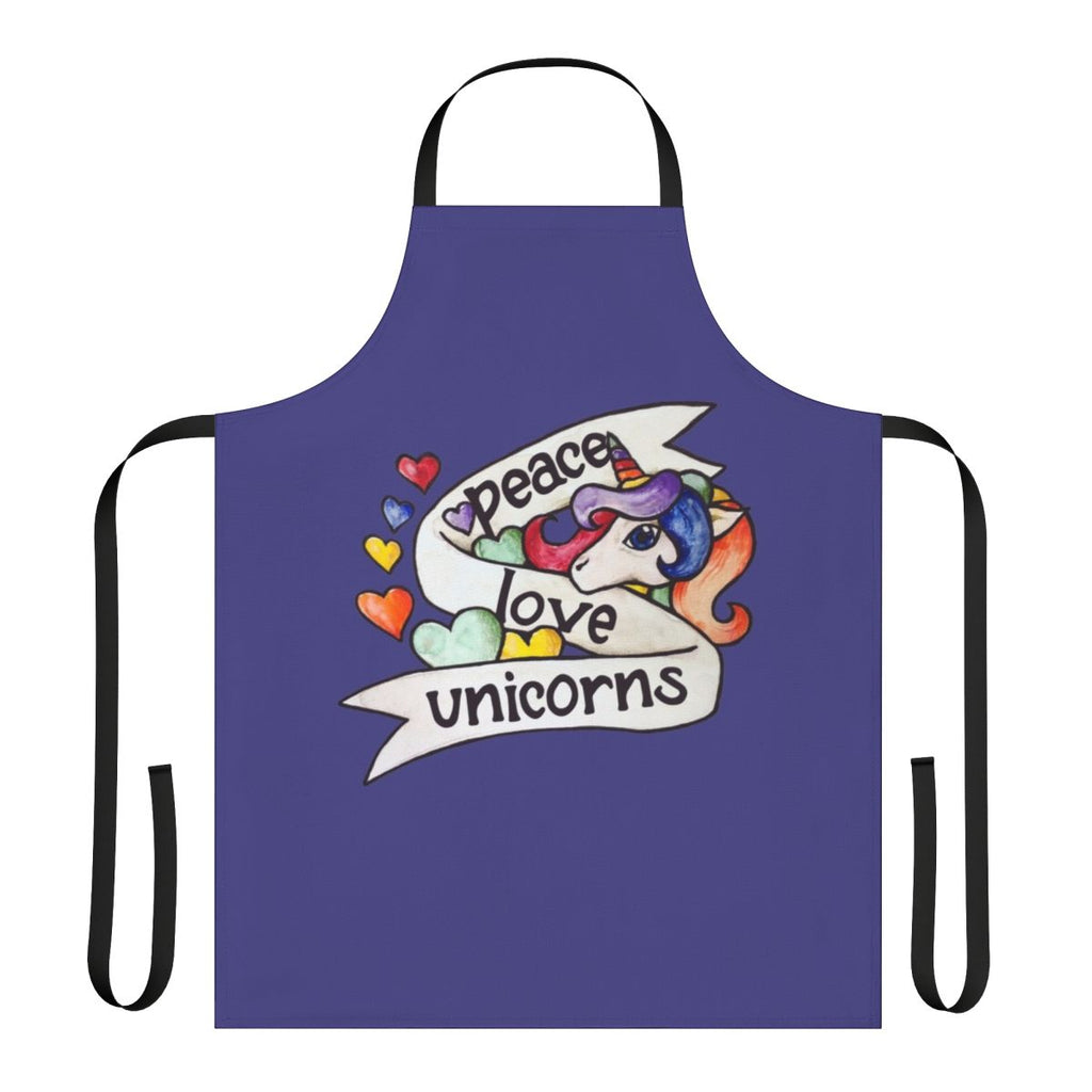 Retro-style apron featuring a colorful unicorn design with rainbows and the words "Peace Love Unicorns"