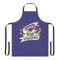 Retro-style apron featuring a colorful unicorn design with rainbows and the words "Peace Love Unicorns"