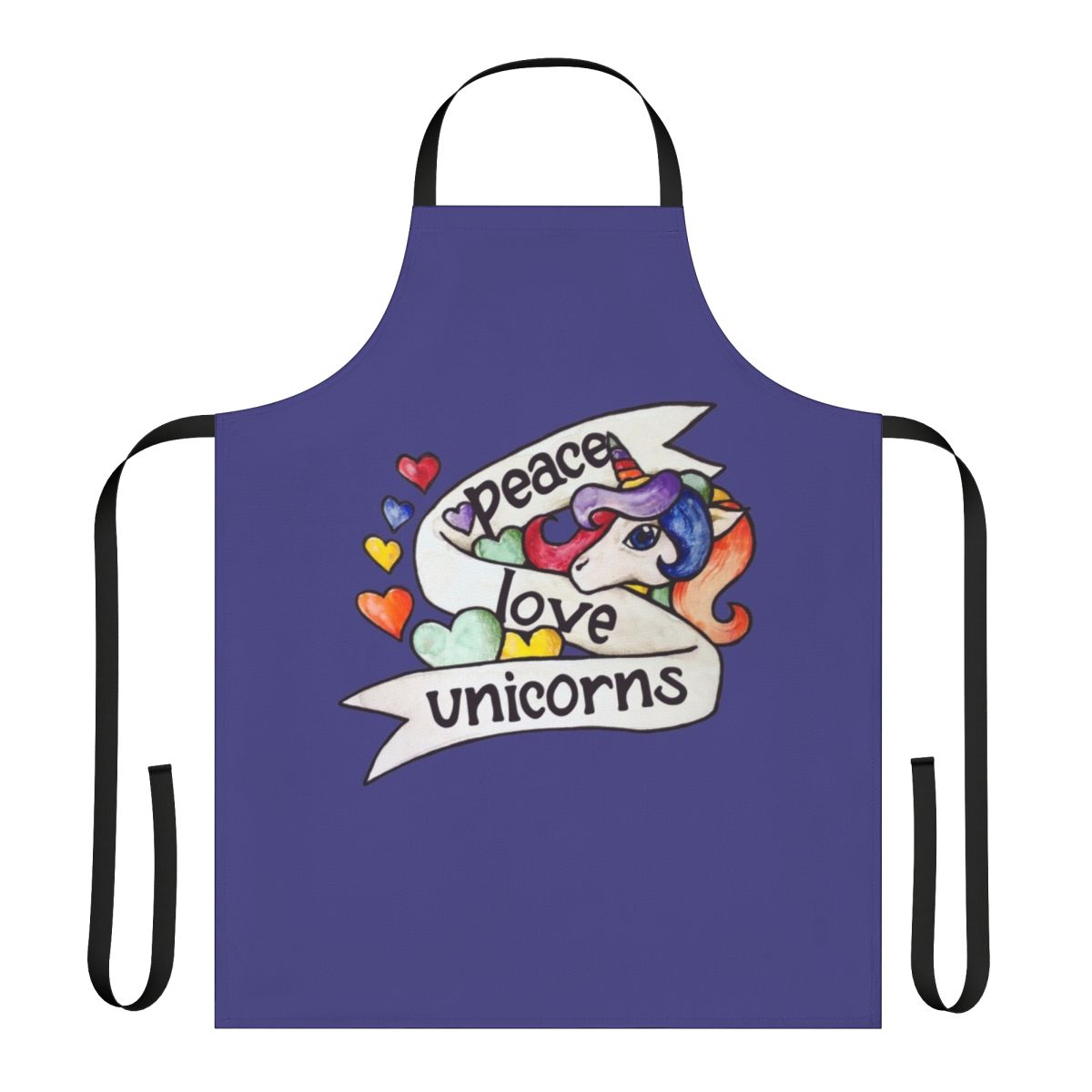 Retro-style apron featuring a colorful unicorn design with rainbows and the words "Peace Love Unicorns"