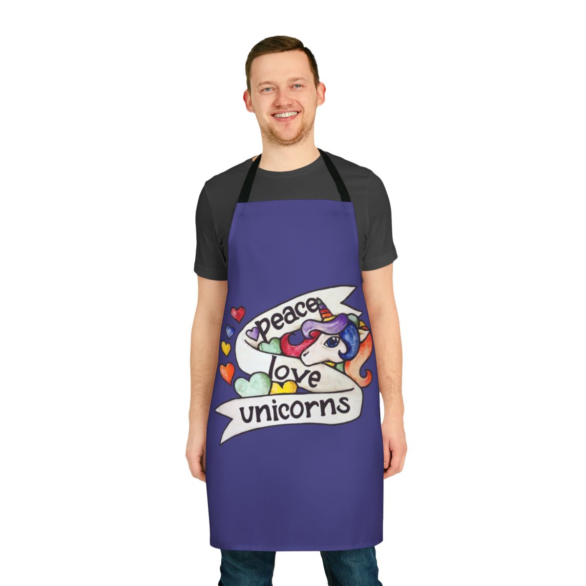 Retro-style apron featuring a colorful unicorn design with rainbows and the words "Peace Love Unicorns"