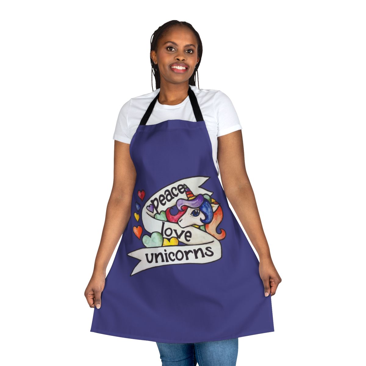 Retro-style apron featuring a colorful unicorn design with rainbows and the words "Peace Love Unicorns"