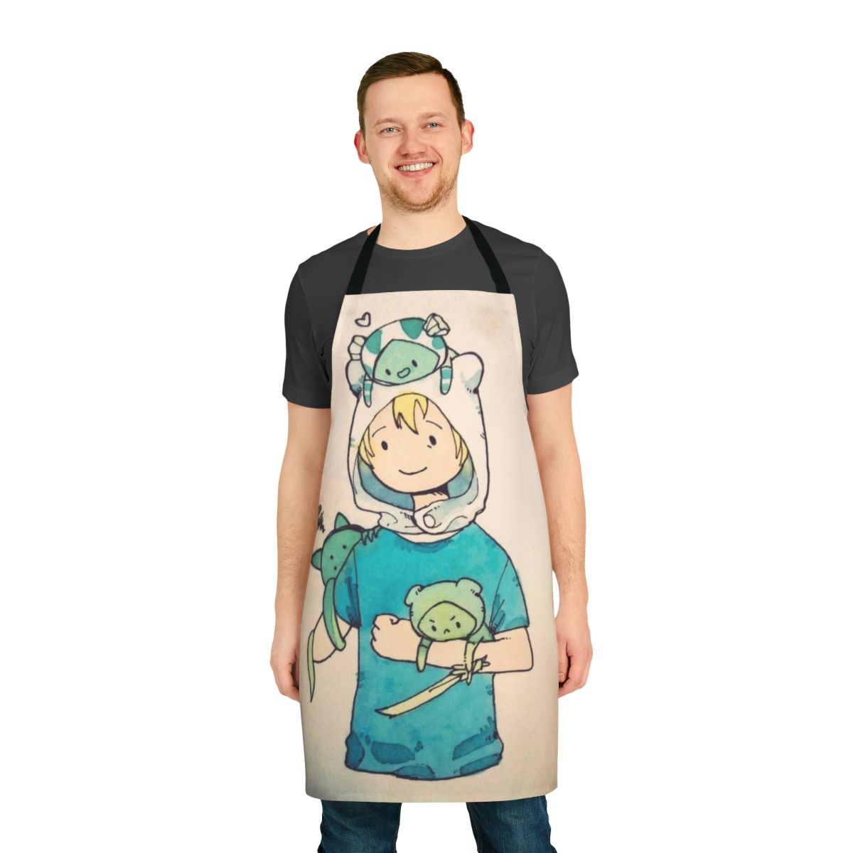 Retro-styled apron featuring a Vault Boy-inspired vaporwave design with colorful petals.
