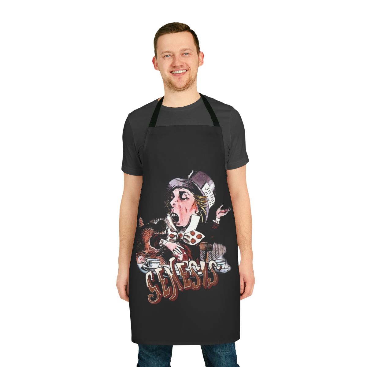 Photographic apron featuring retro-style Genesis band graphics