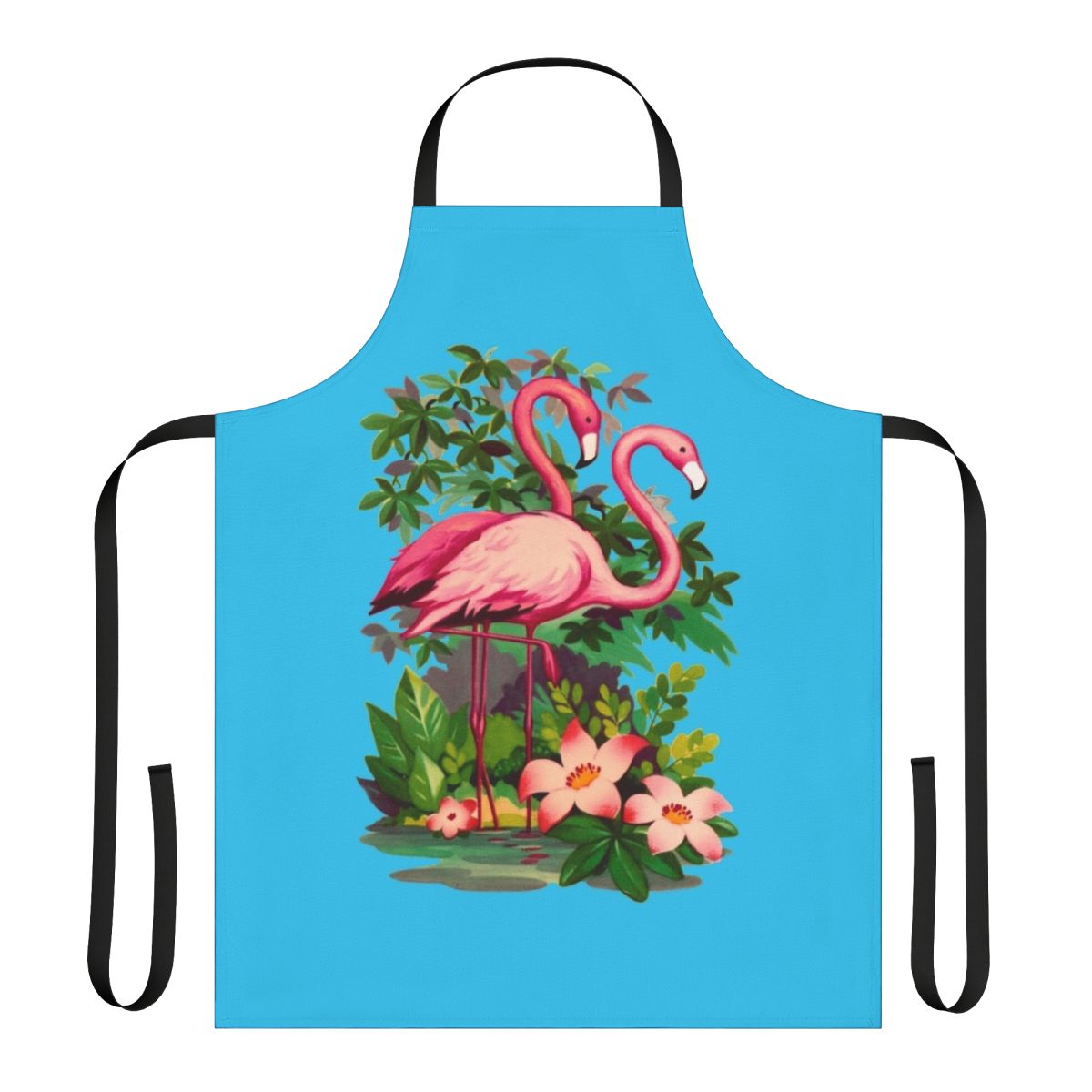 Photograph of a retro-style pink flamingo themed apron