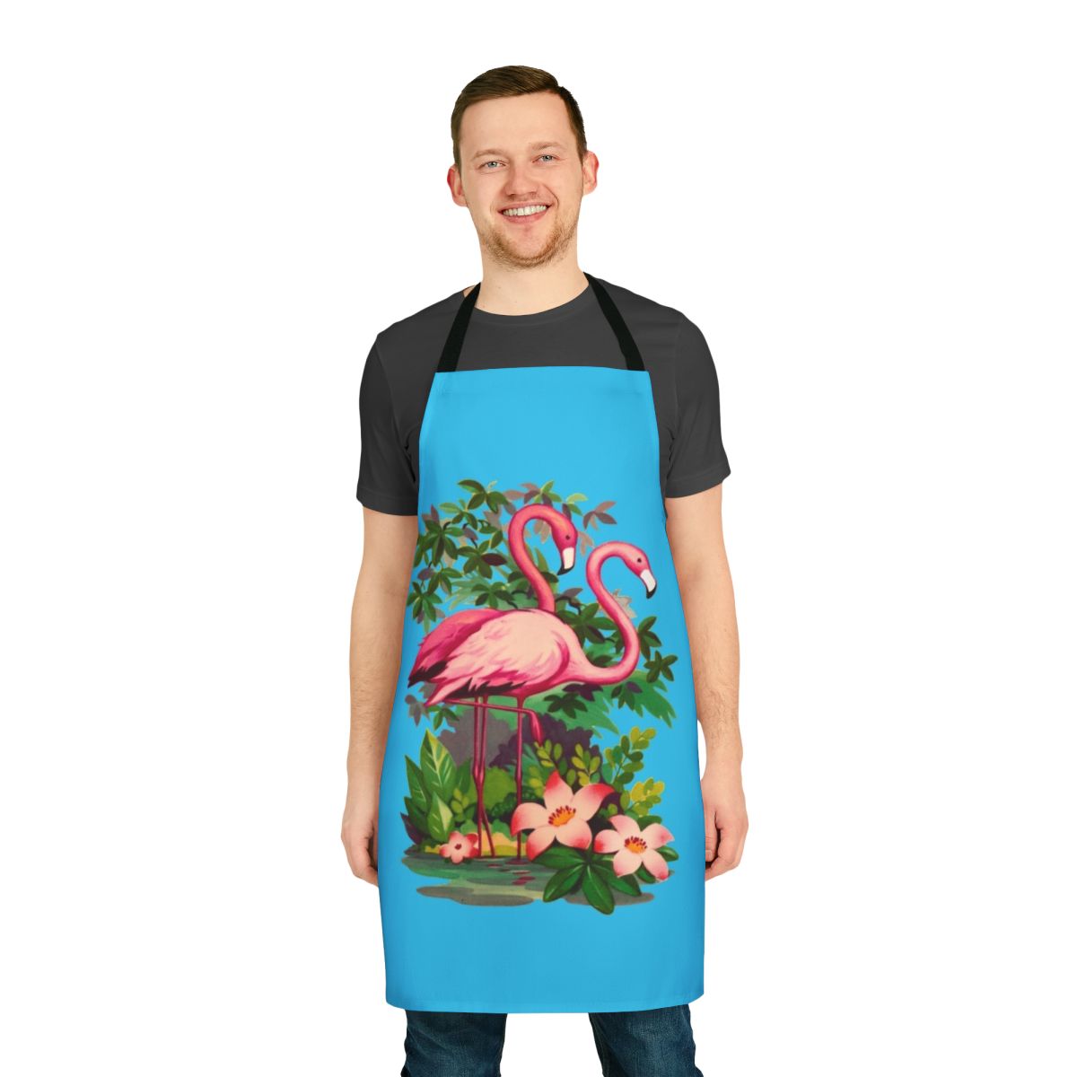 Photograph of a retro-style pink flamingo themed apron