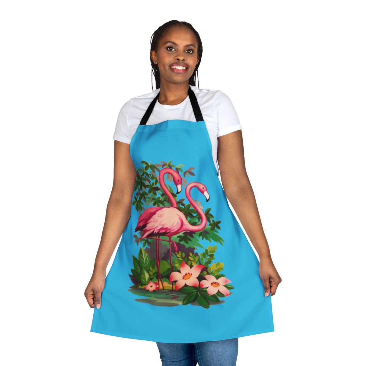 Photograph of a retro-style pink flamingo themed apron