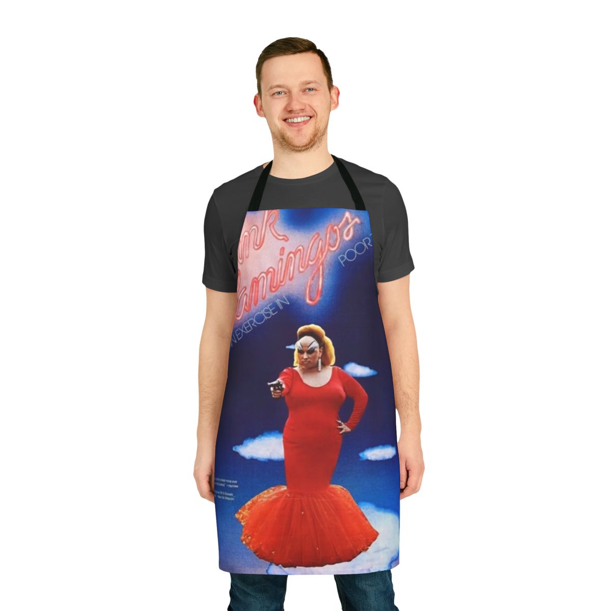 Vibrant pink flamingo-themed apron inspired by the iconic John Waters film