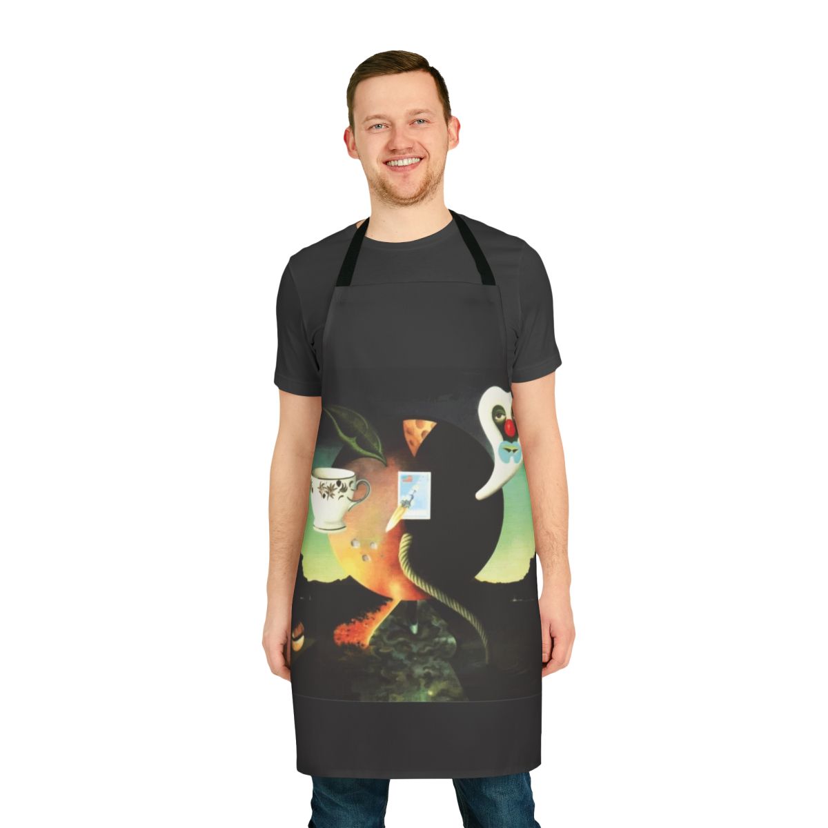 Retro-style pink apron with moon design, inspired by classic album cover