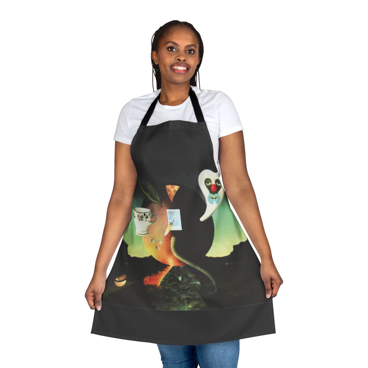 Retro-style pink apron with moon design, inspired by classic album cover