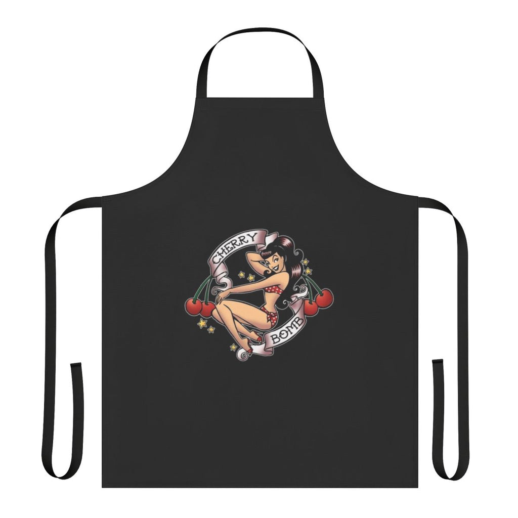 Vintage-style apron with a cherry bomb graphic and retro pinup design