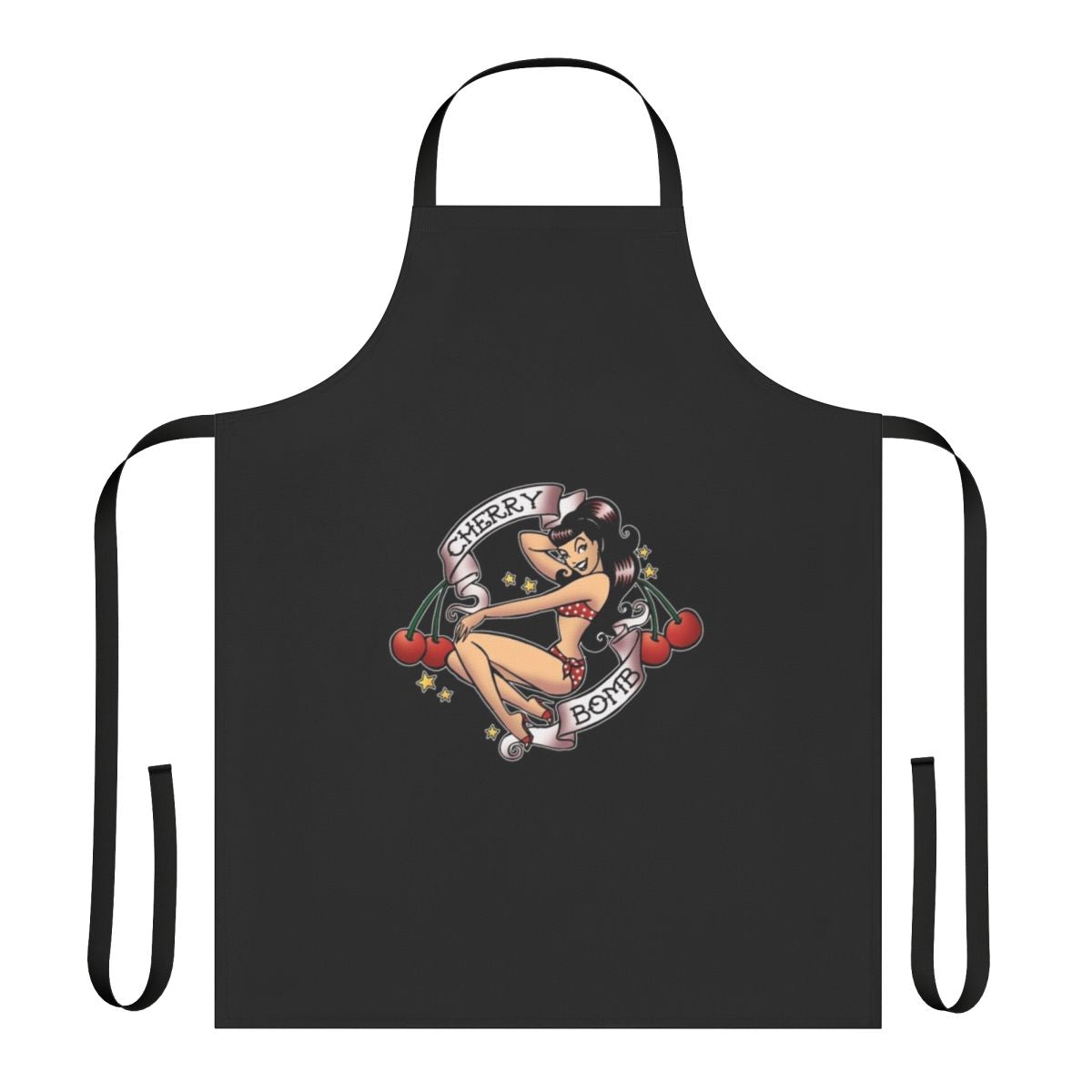 Vintage-style apron with a cherry bomb graphic and retro pinup design