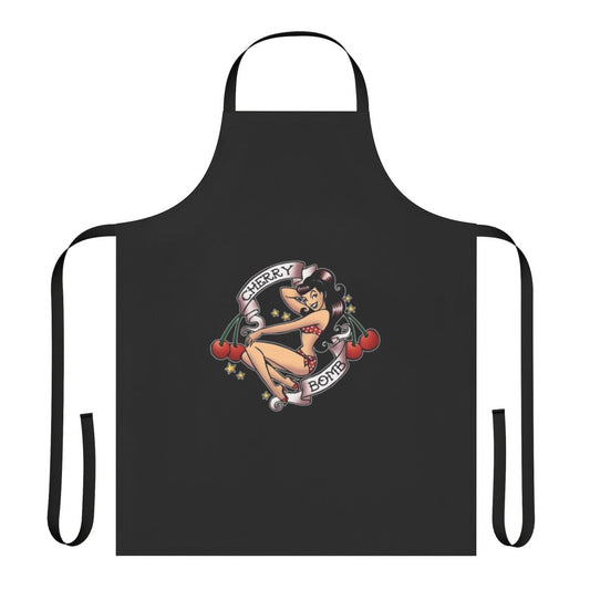 Vintage-style apron with a cherry bomb graphic and retro pinup design