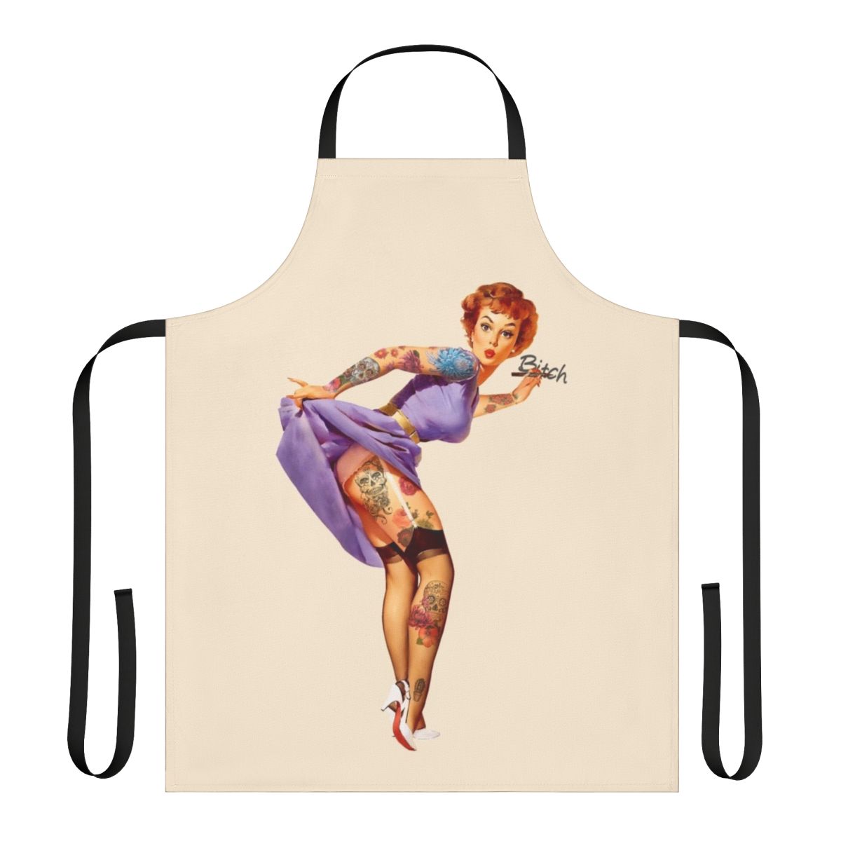 Retro pinup style apron featuring floral and sugar skull designs