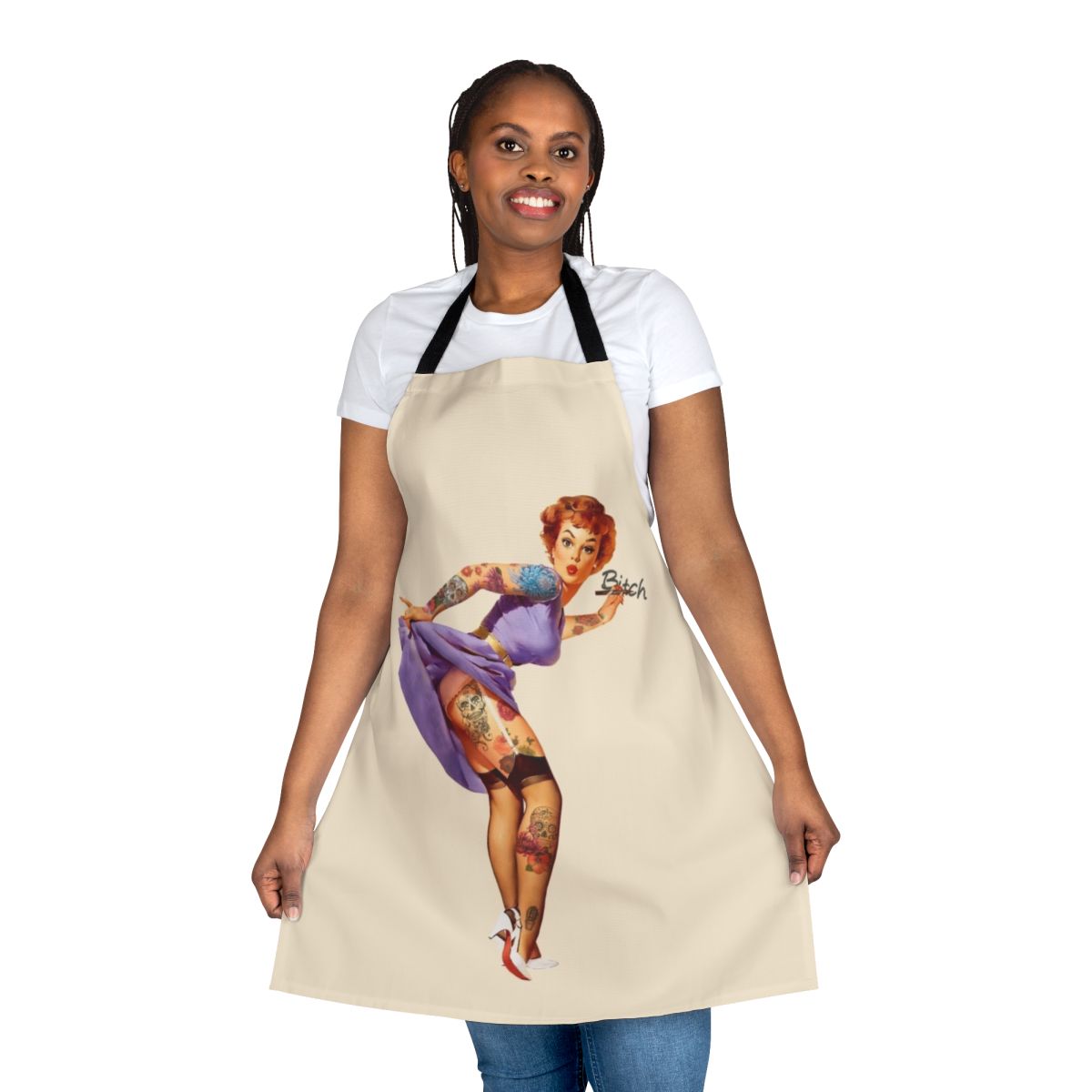 Retro pinup style apron featuring floral and sugar skull designs