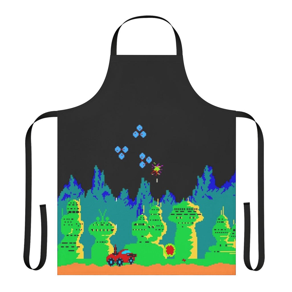 Retro gaming apron featuring pixel art design inspired by the classic Moon Patrol arcade game