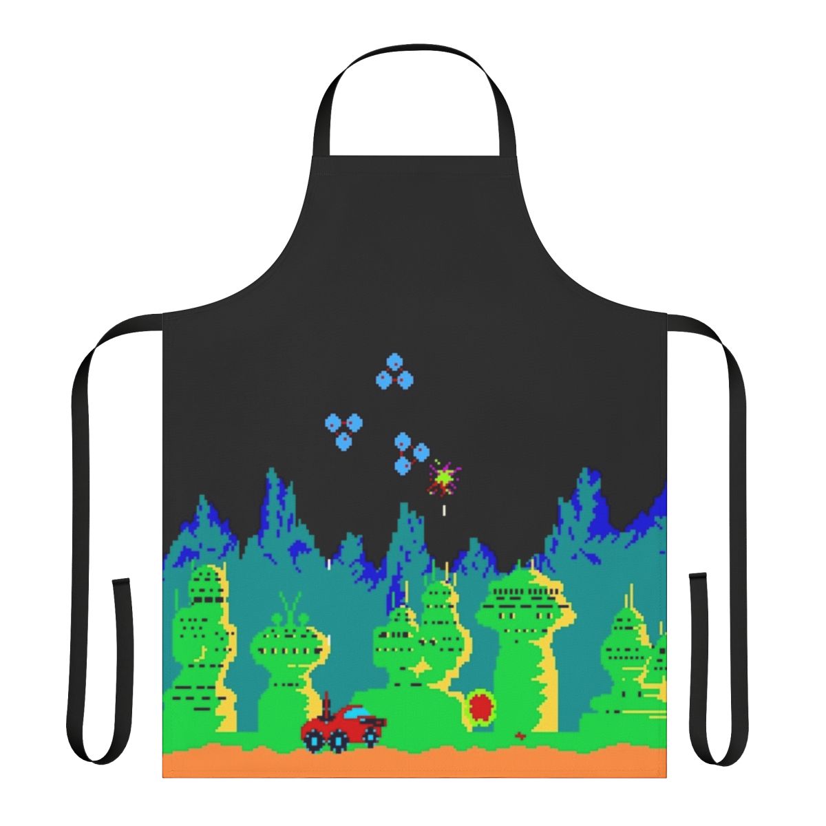 Retro gaming apron featuring pixel art design inspired by the classic Moon Patrol arcade game