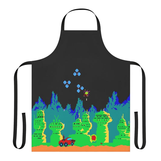 Retro gaming apron featuring pixel art design inspired by the classic Moon Patrol arcade game