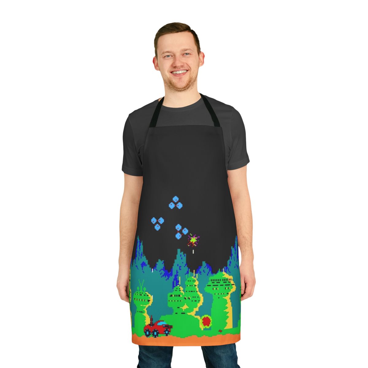 Retro gaming apron featuring pixel art design inspired by the classic Moon Patrol arcade game