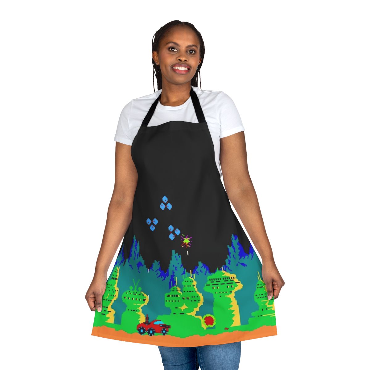 Retro gaming apron featuring pixel art design inspired by the classic Moon Patrol arcade game