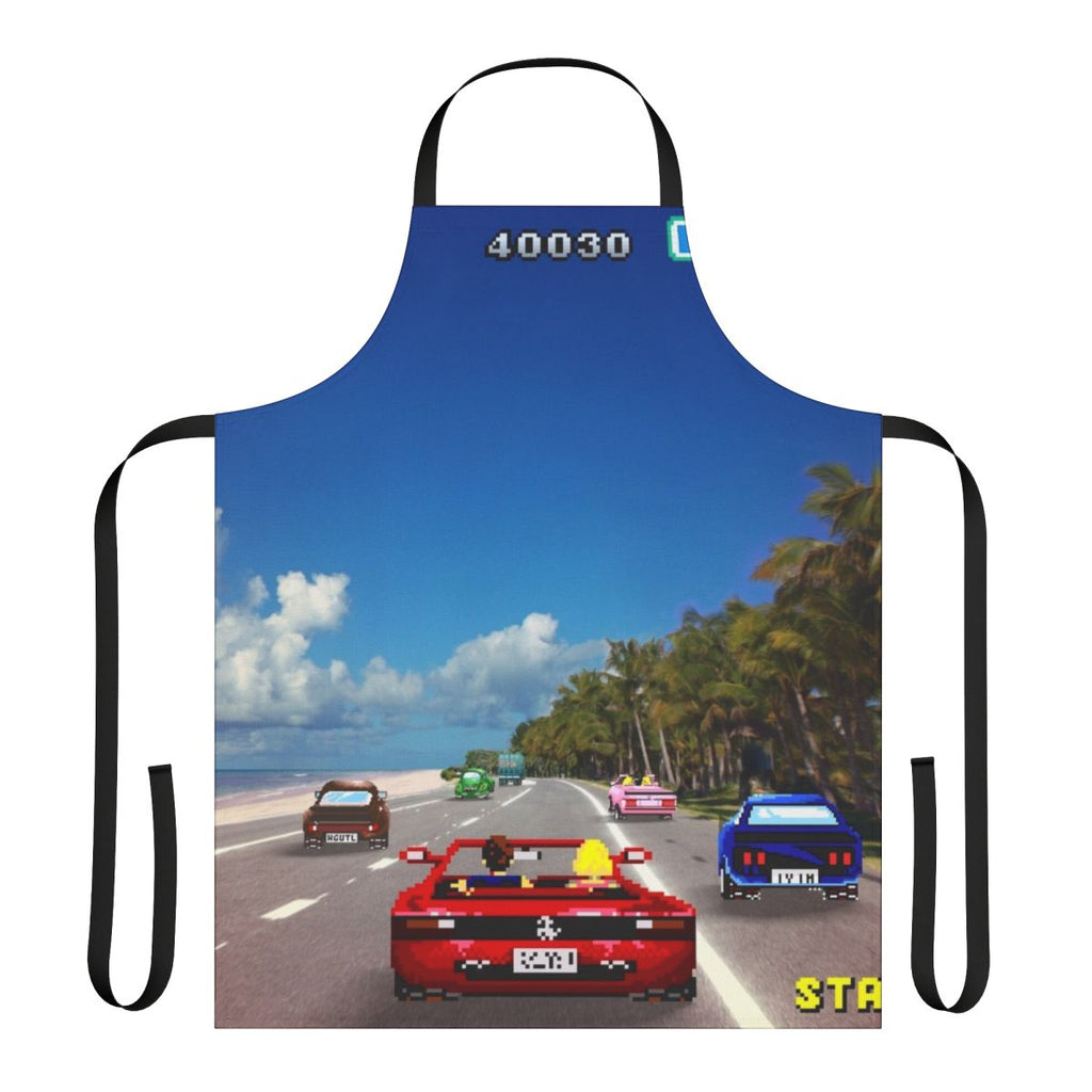 Retro pixel art apron featuring 8-bit and 16-bit gaming graphics
