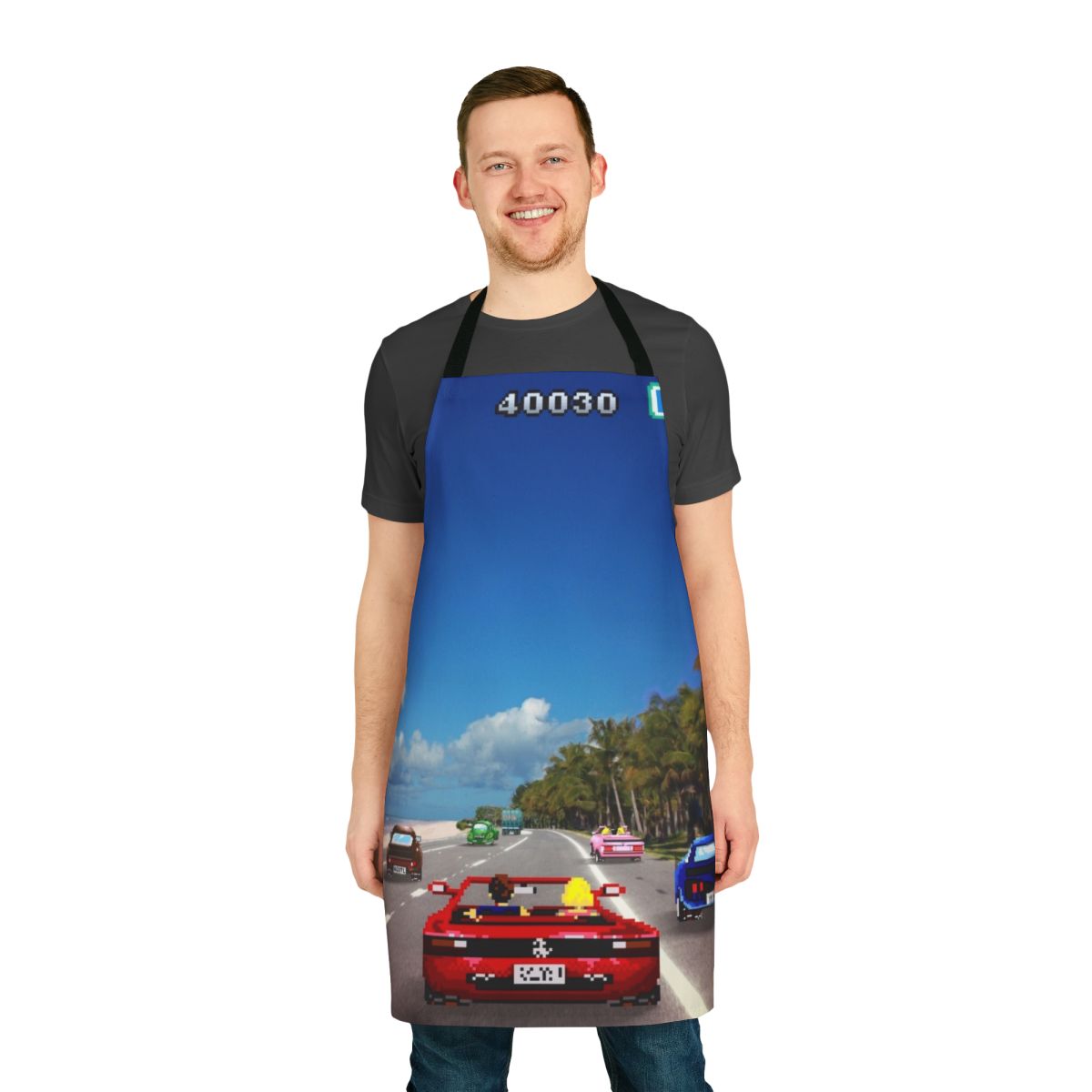 Retro pixel art apron featuring 8-bit and 16-bit gaming graphics
