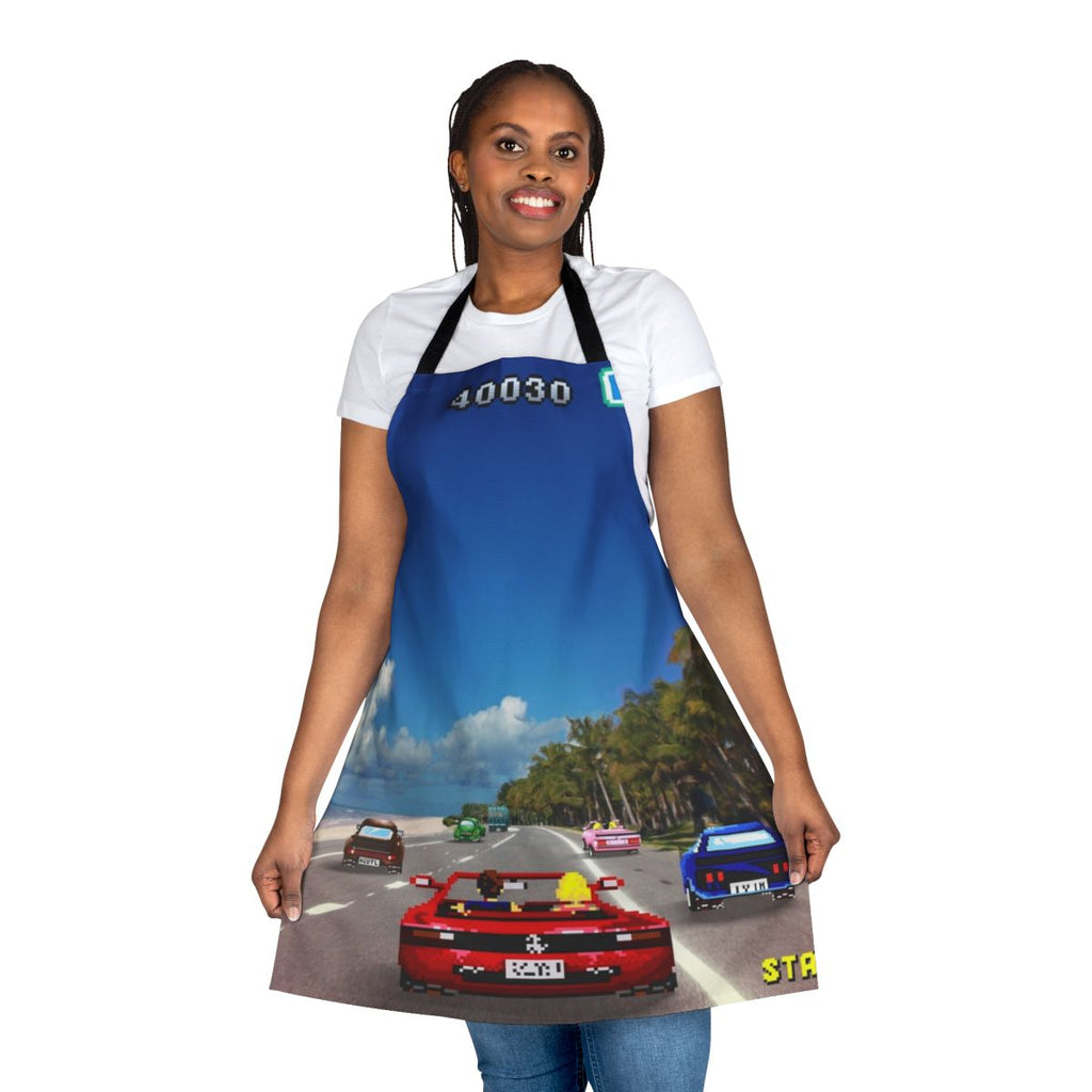 Retro pixel art apron featuring 8-bit and 16-bit gaming graphics