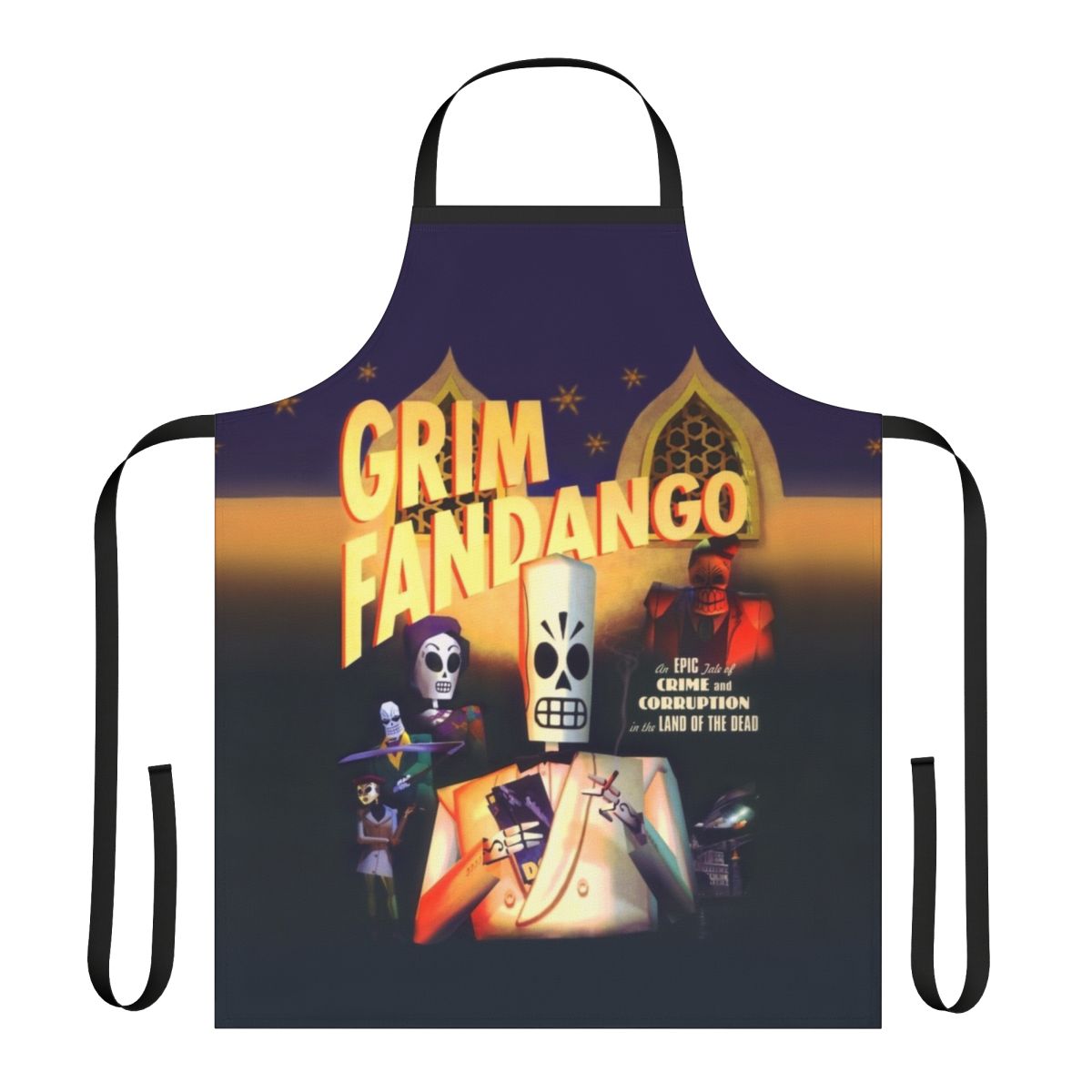 Grim Fandango inspired apron featuring retro pixel art design