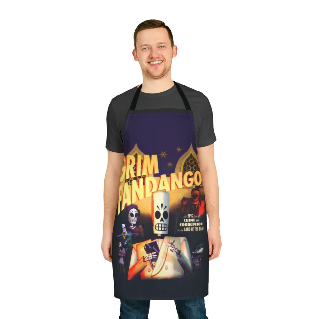 Grim Fandango inspired apron featuring retro pixel art design