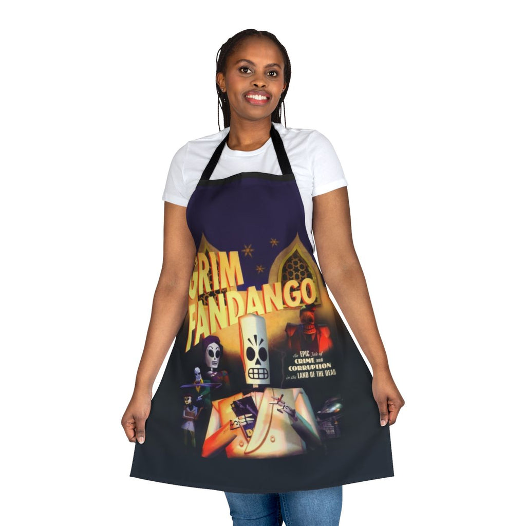 Grim Fandango inspired apron featuring retro pixel art design